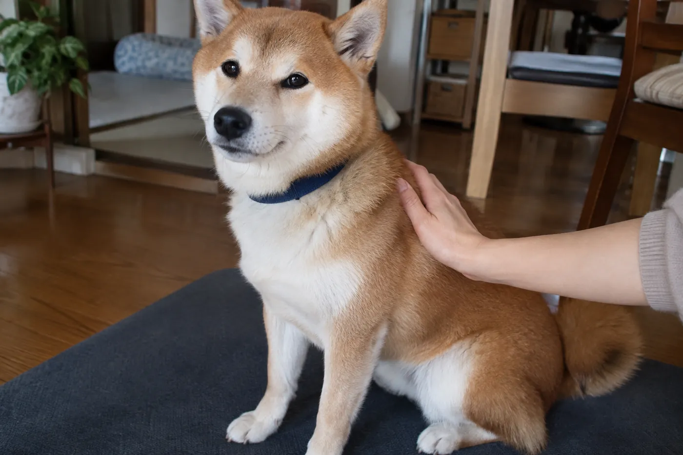 家のマットで飼い主の手にそっと触れられている柴犬