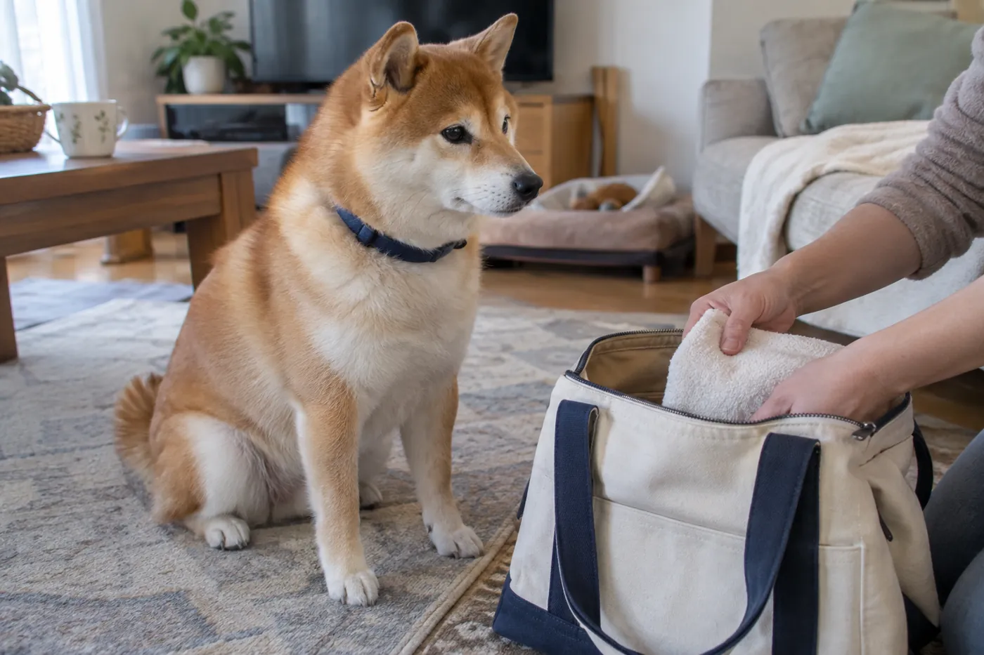 無地の通院バッグのそばで落ち着いて座る柴犬