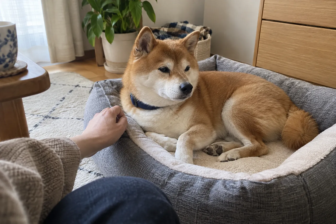 家の静かな場所で休む柴犬を近くで見守る飼い主の手元