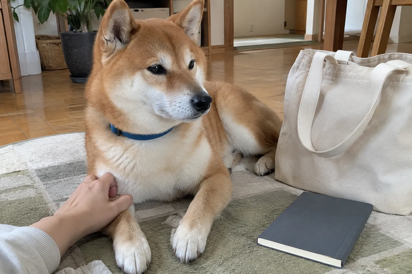 家で休む柴犬のそばに置かれた通院用のバッグと閉じた手帳