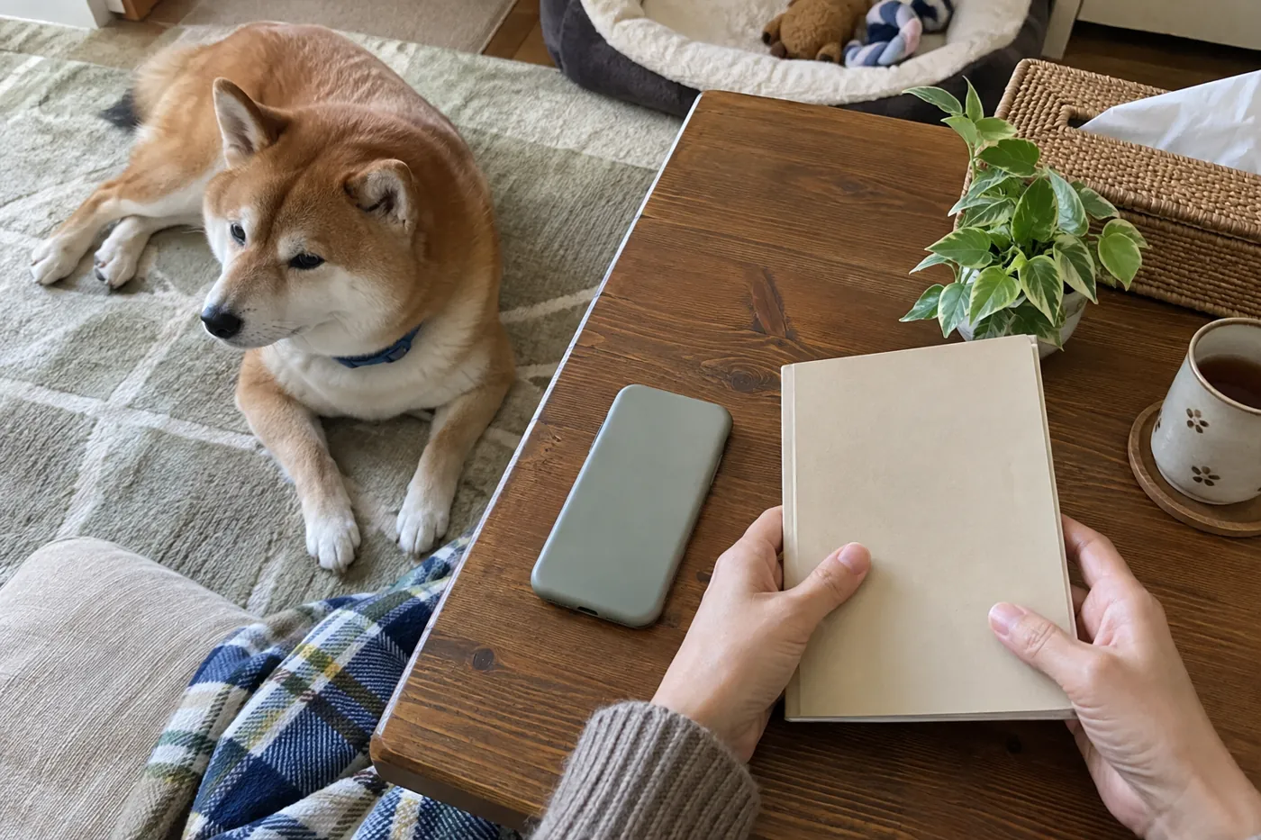 柴犬のいる居間で手帳とスマートフォンを用意する飼い主の手元