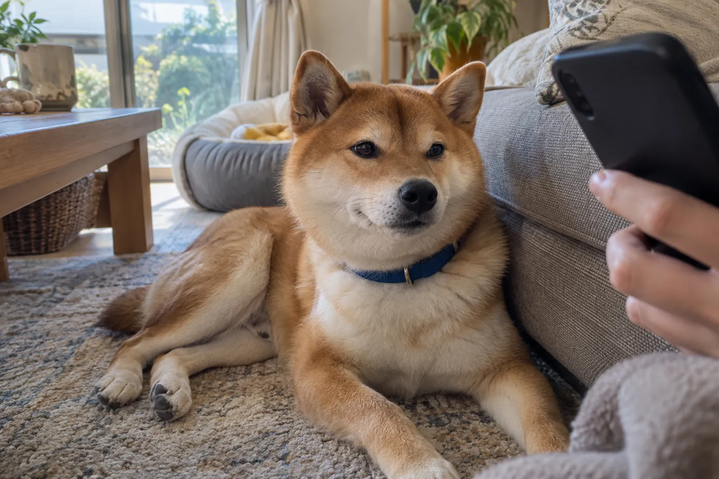 ソファのそばで休む柴犬とスマートフォンを持つ飼い主の手元