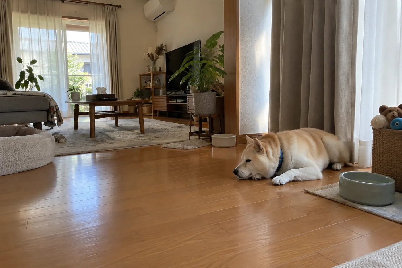 日差しを遮った部屋で水入れのそばに横になる柴犬
