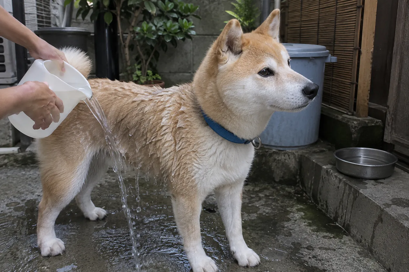 日陰で柴犬の胴体に水をかける飼い主の手元