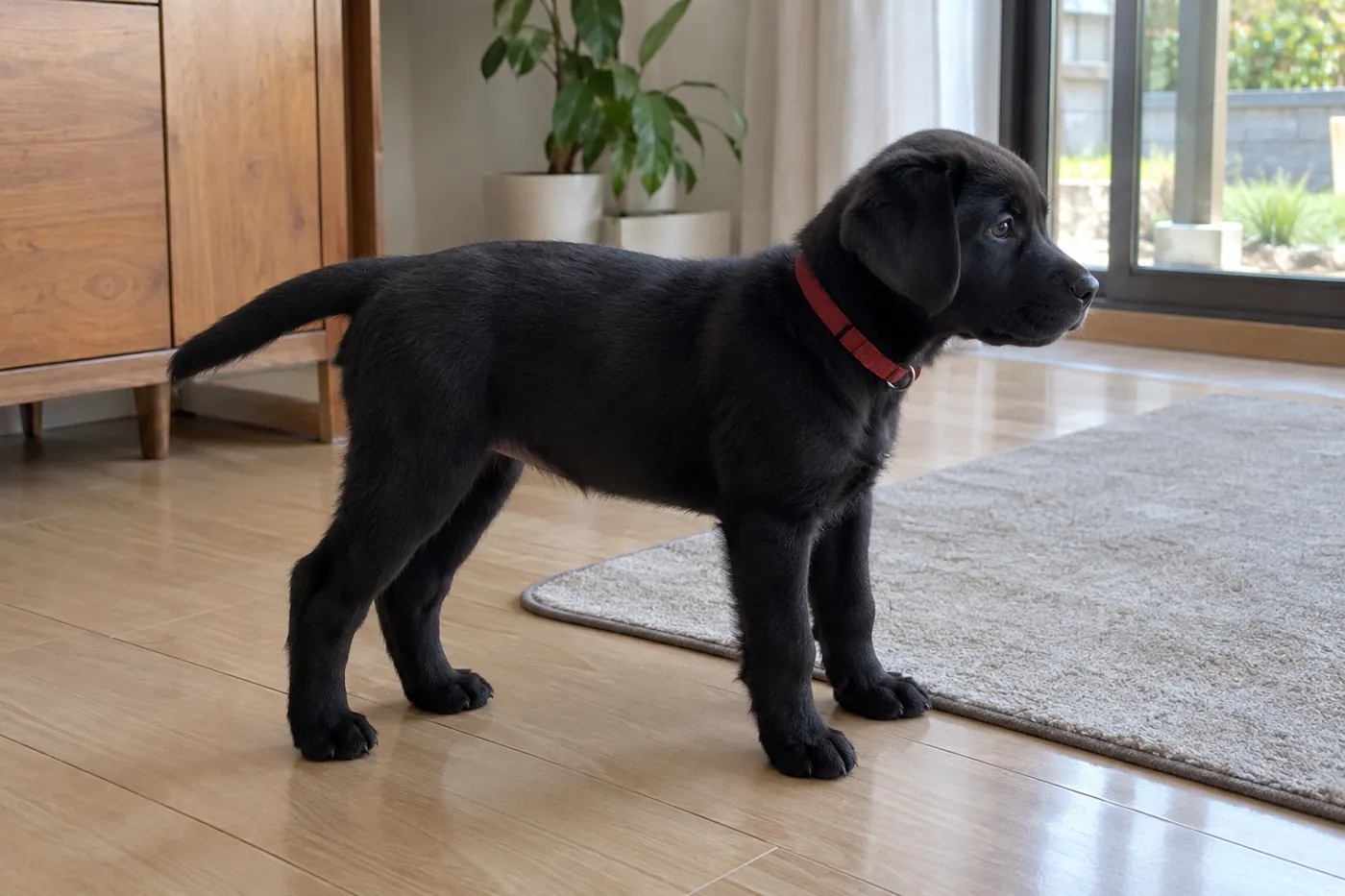 横から胸とお腹の様子を確認できる、室内で落ち着いている犬