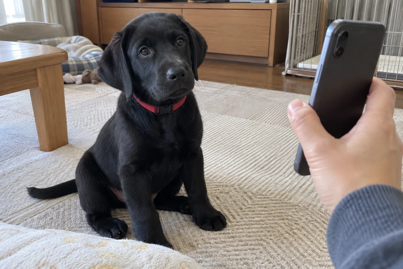 犬のそばでスマートフォンを手にして連絡の準備をする飼い主