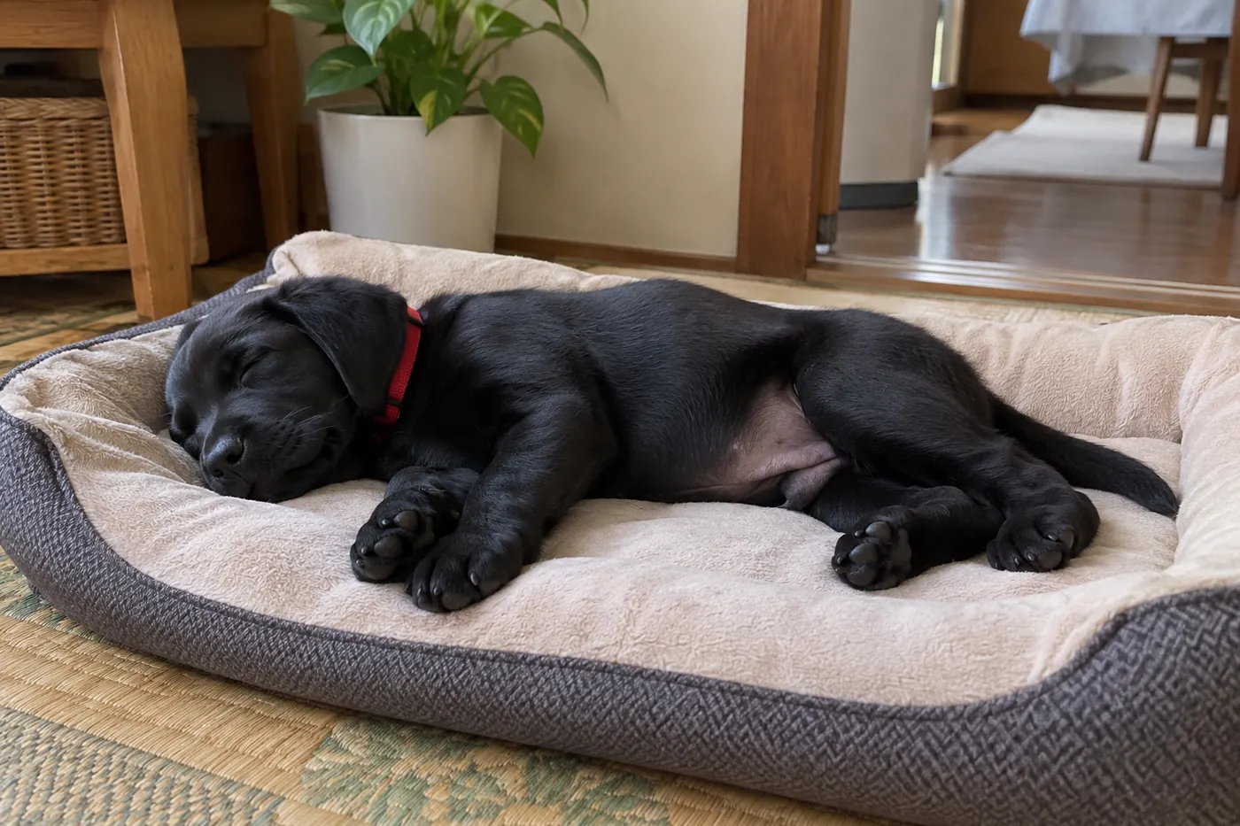 静かな寝床で横向きに眠り、体の動きを離れて見守れる犬