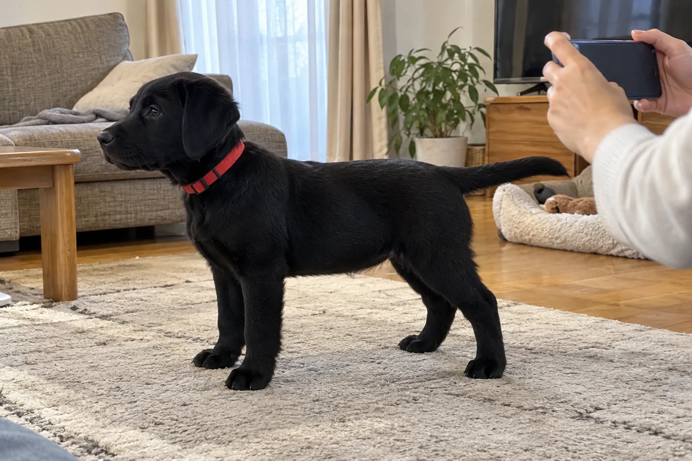 落ち着いている犬の全身を横からスマートフォンに収める飼い主の手元
