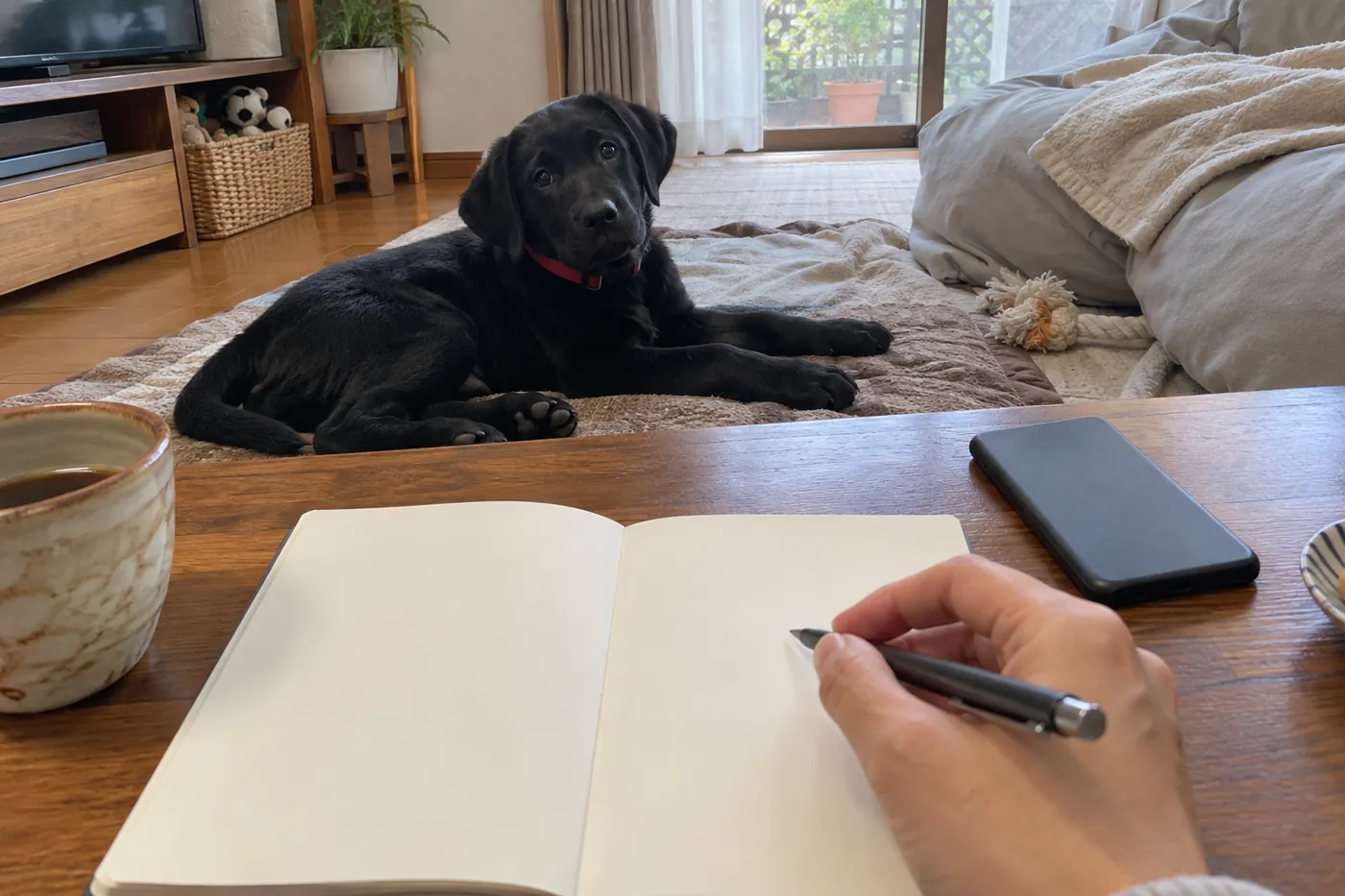 休んでいる犬のそばで観察したことをノートに記録する飼い主の手元