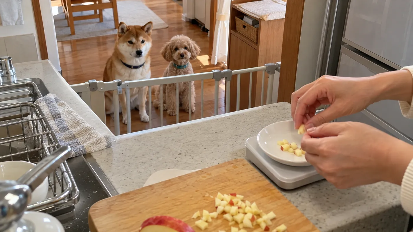 りんごの果肉を小皿に分け、台所用のはかりで量る飼い主の手元
