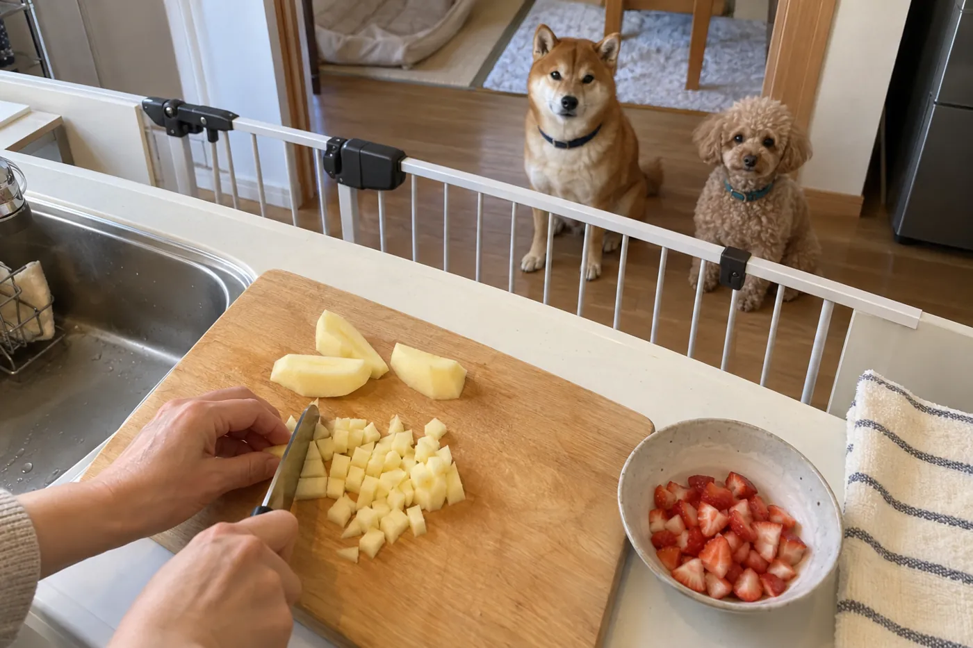 皮と芯を除いた果物を小さく切る飼い主と、台所の外で待つ犬