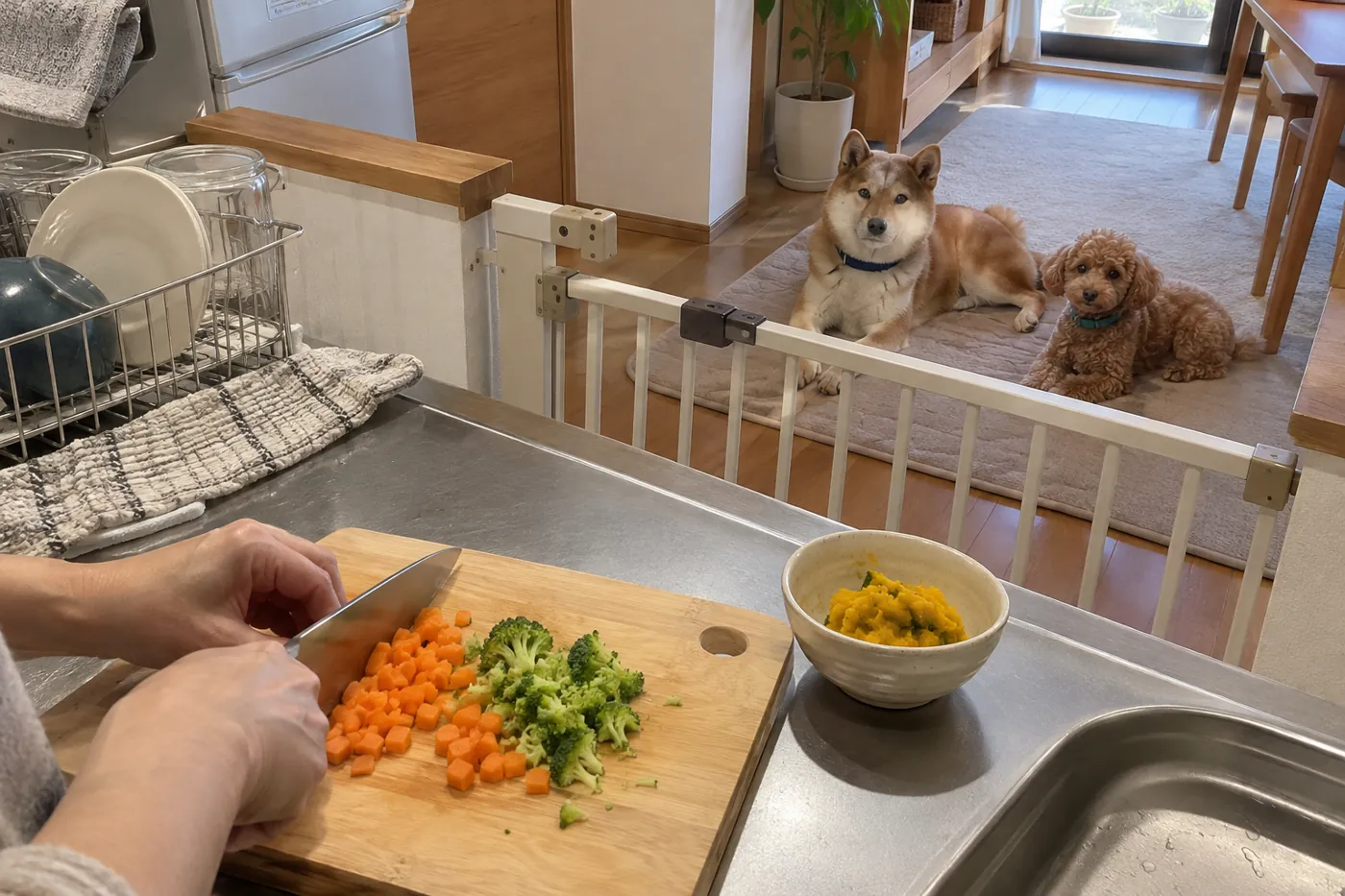 味付けせず蒸した野菜を小さく刻む手元と、離れて待つ犬