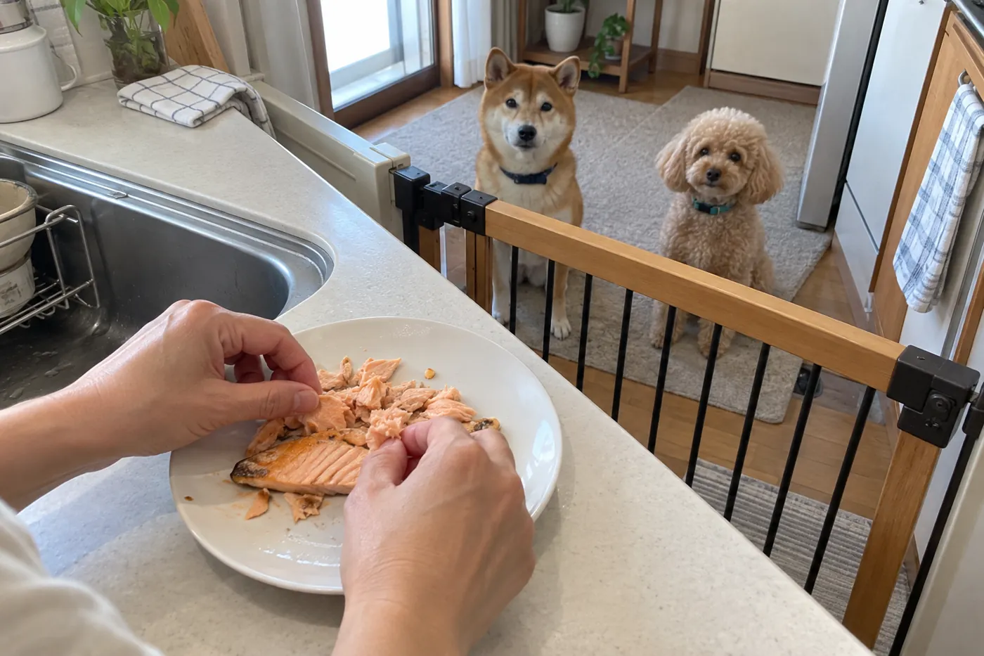 無調味で加熱した魚の身から骨を確認する飼い主の手元と待機中の犬
