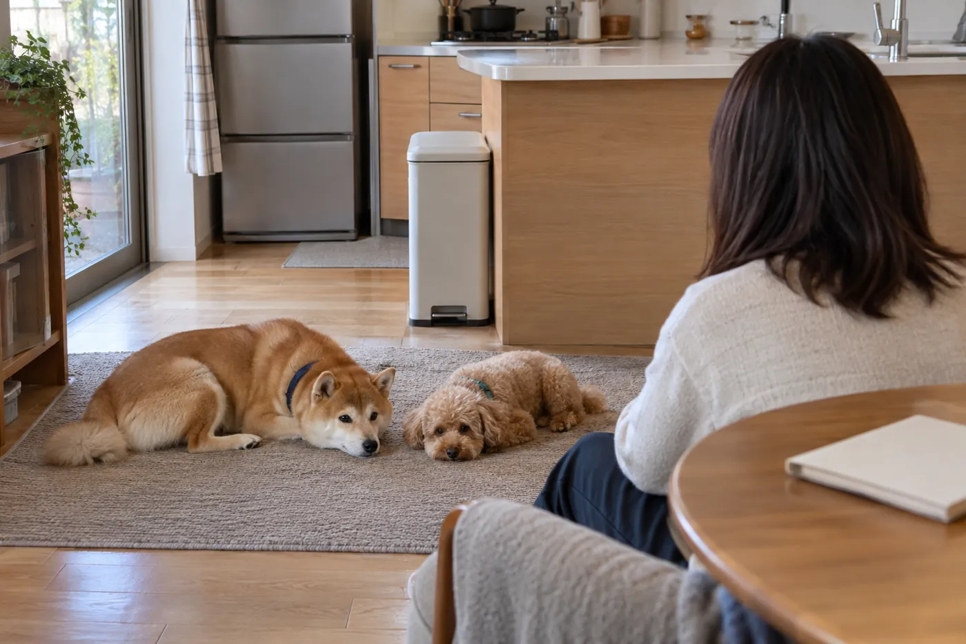 食材を片付けた台所で、休んでいる犬の様子を見守る飼い主の後ろ姿