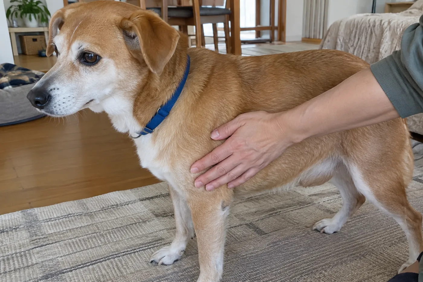 飼い主の手が茶色の犬の胸の側面にそっと触れている様子