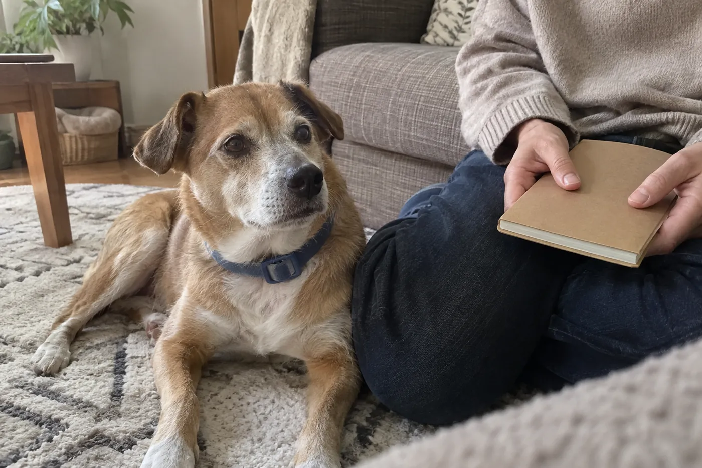 飼い主の手元にある閉じたノートのそばで、茶色の犬が穏やかに休む様子