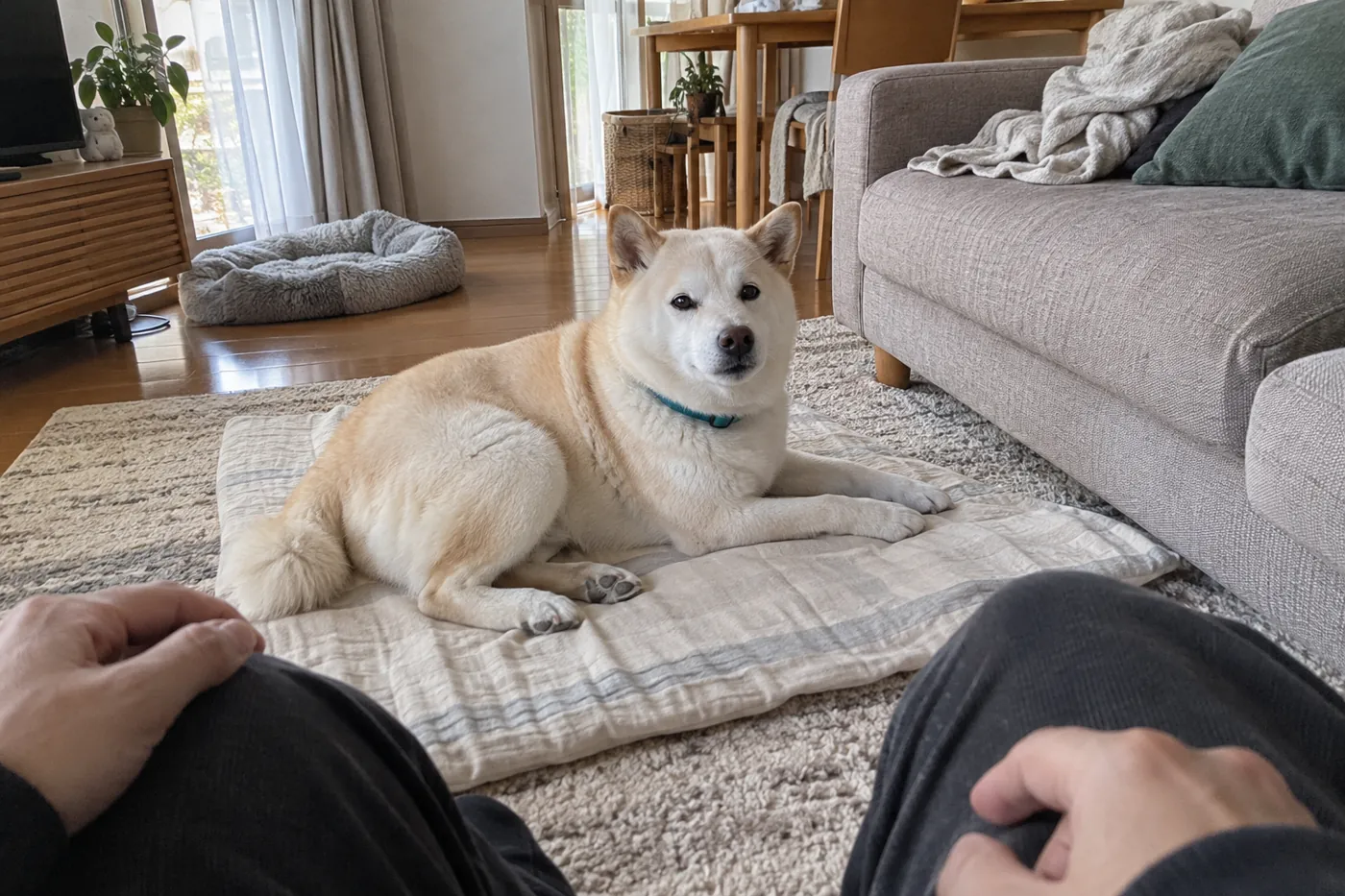 自宅のマットで休む犬の様子をそばで見守る飼い主