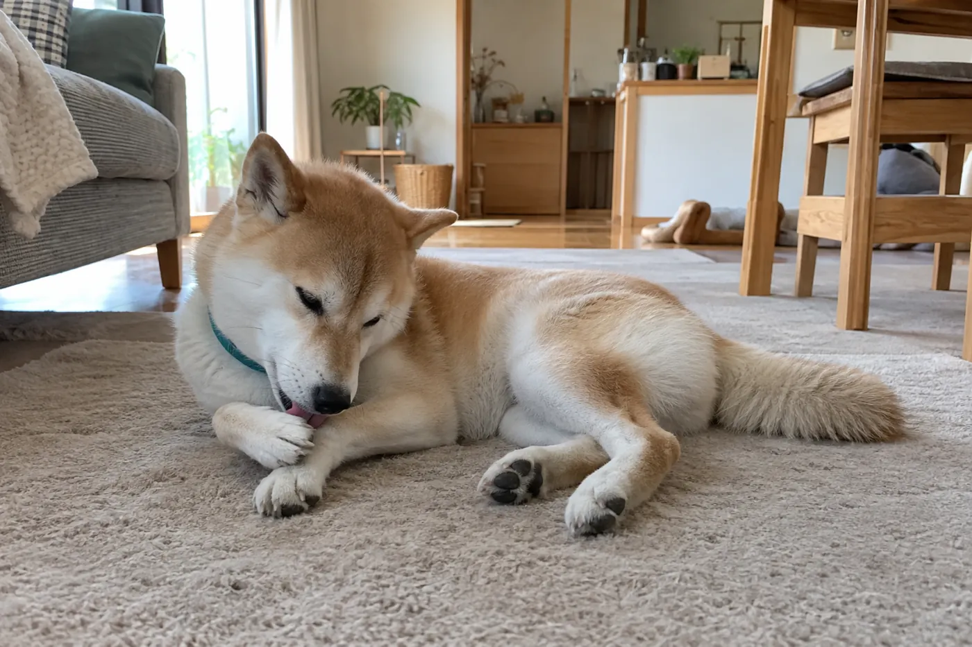室内で前足をなめる犬の行動を少し離れて観察する場面