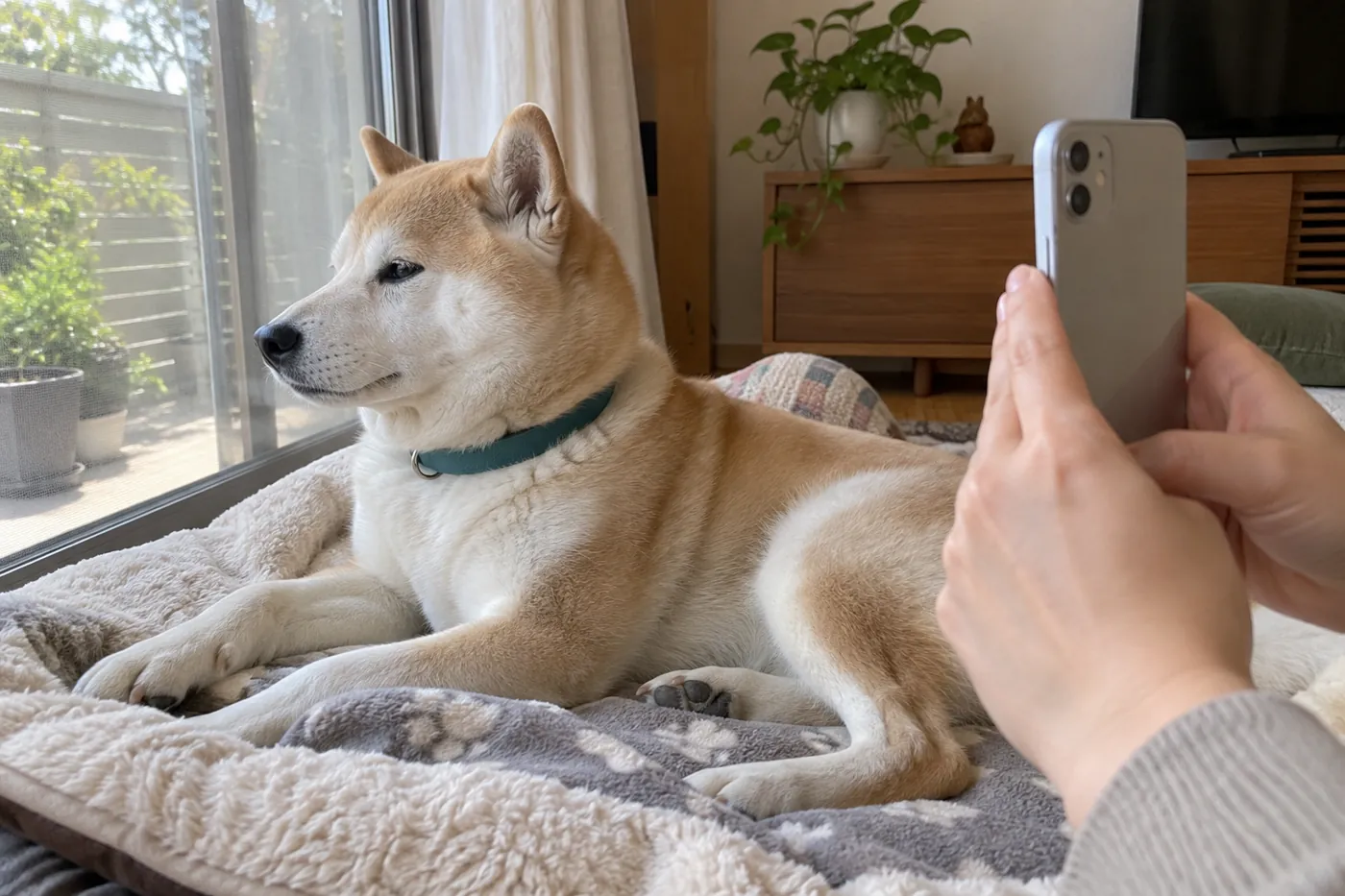 横向きでくつろぐ犬の体を飼い主がスマートフォンで撮影する様子