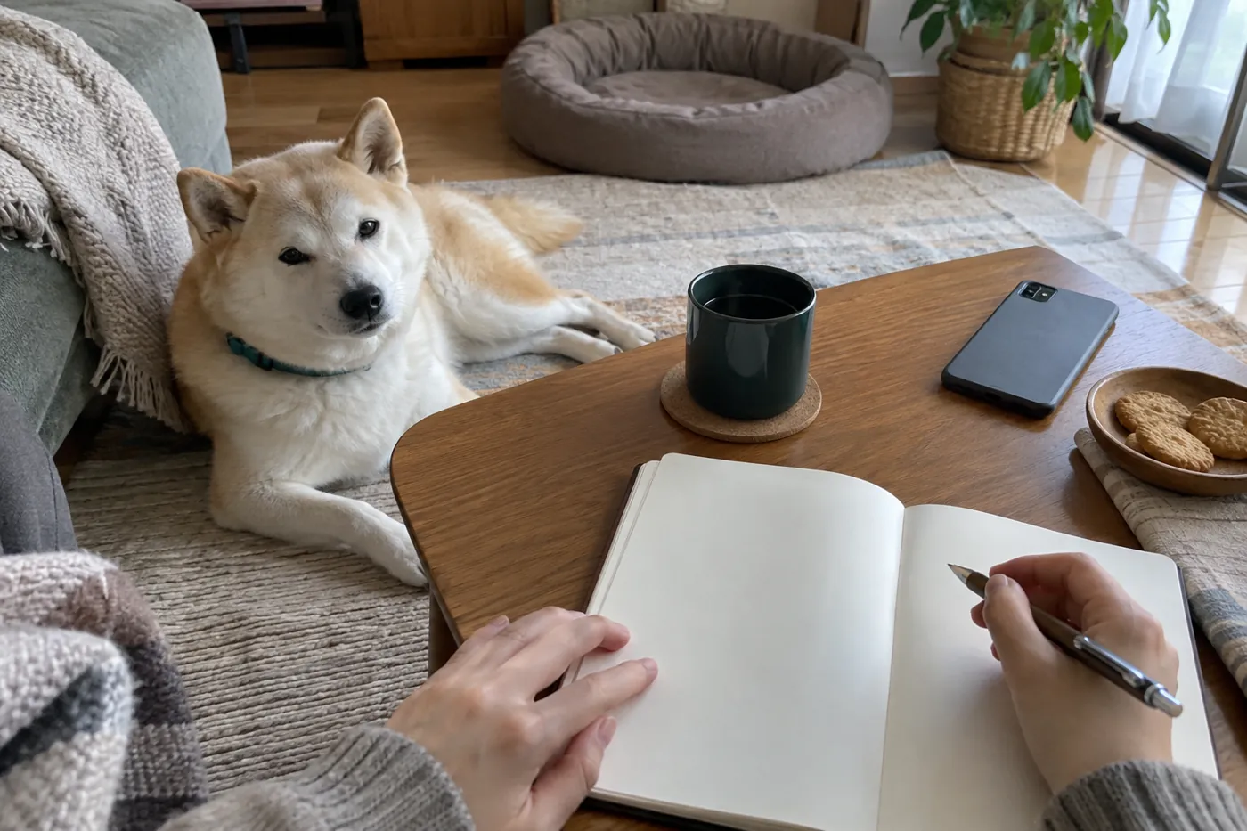 犬がそばで休む中、飼い主が手帳に生活環境の情報をまとめる様子