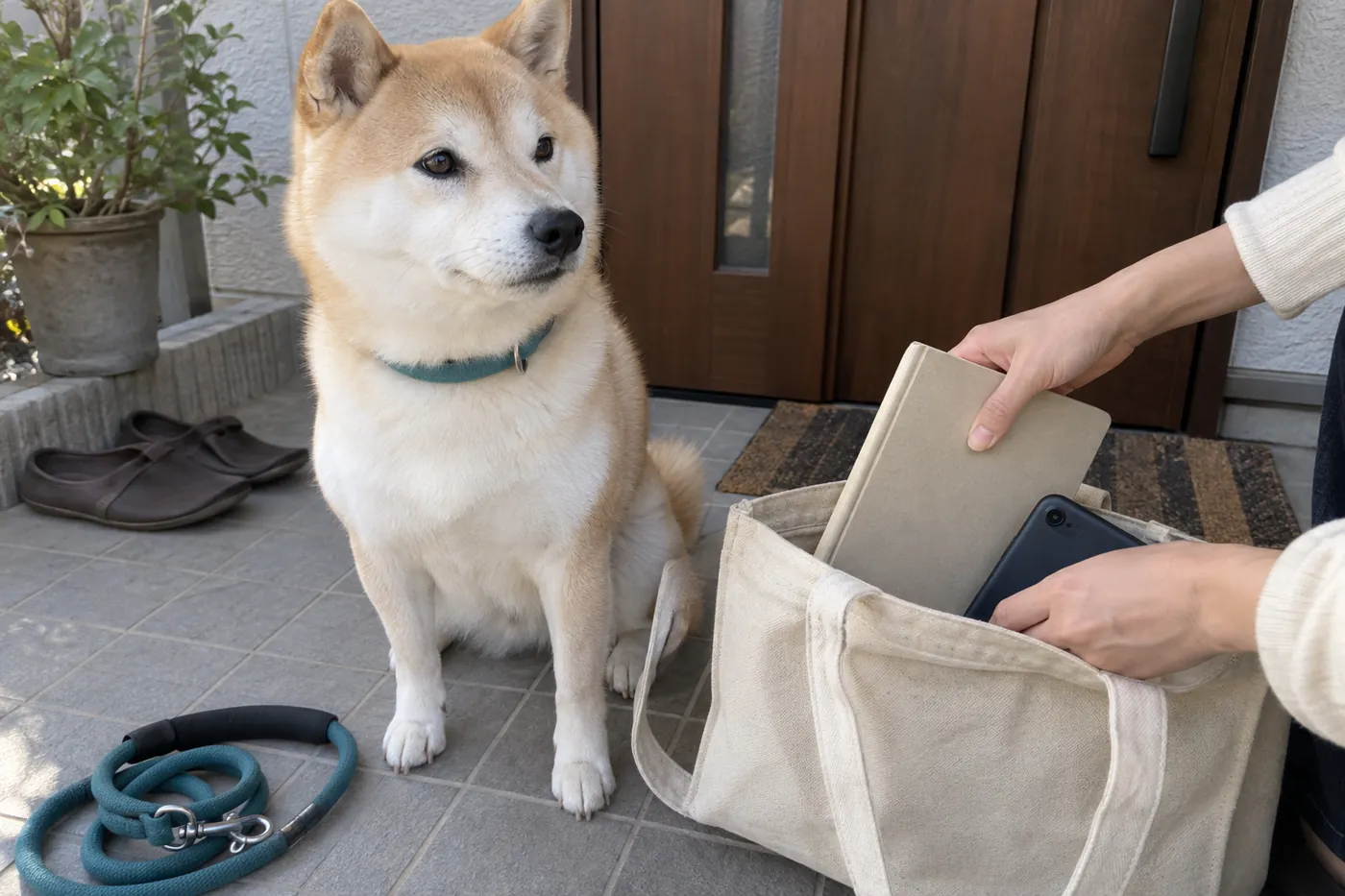犬のそばで通院用のバッグとスマートフォンを準備する飼い主の手元
