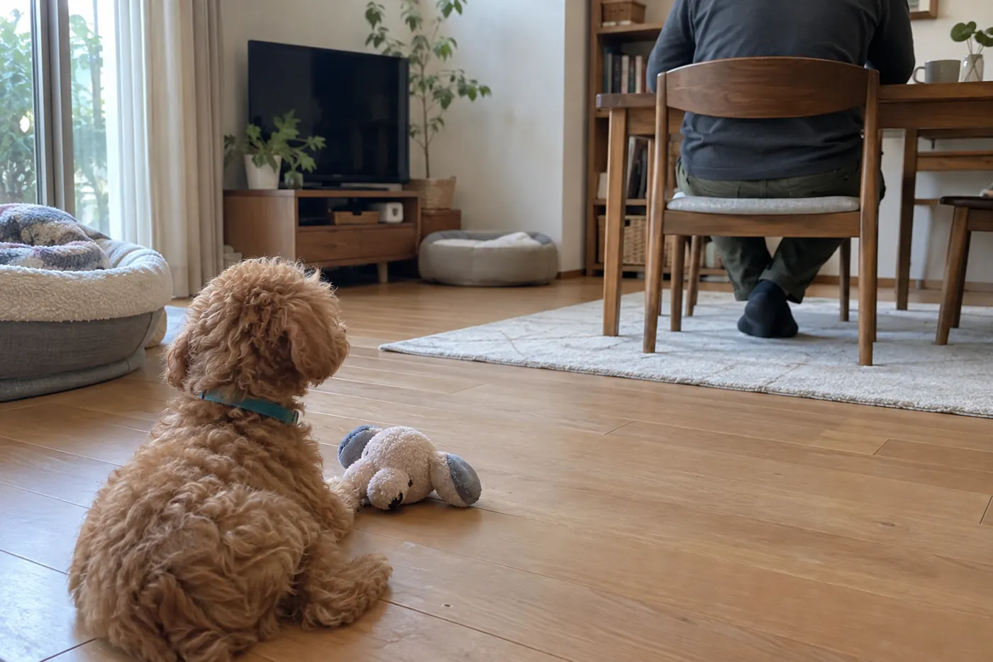 家庭の室内で離れた位置にいる人を落ち着いて眺める子犬