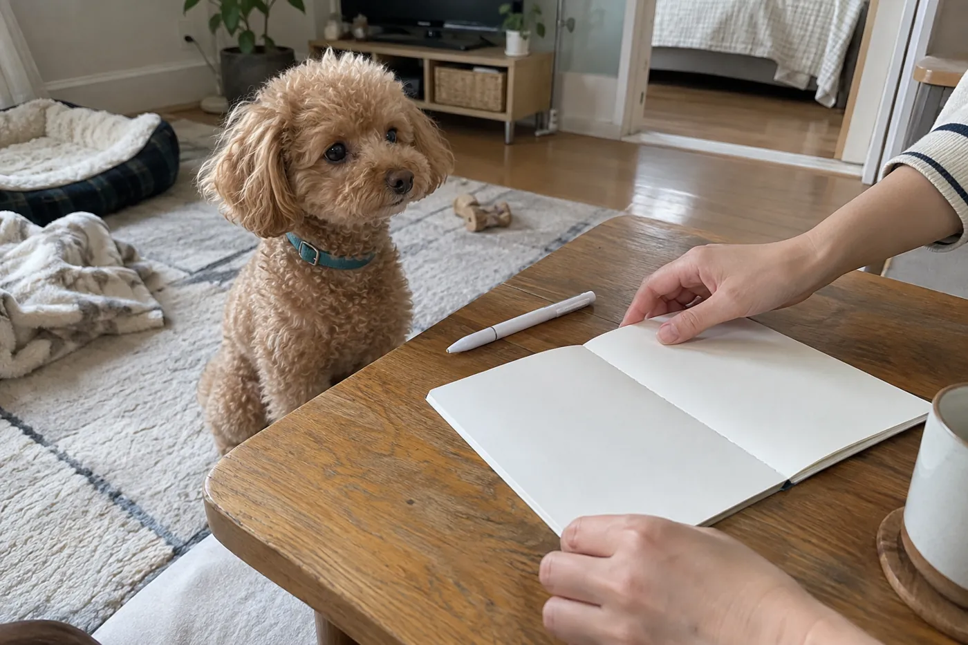 自宅で費用のメモを用意する飼い主のそばに座る犬