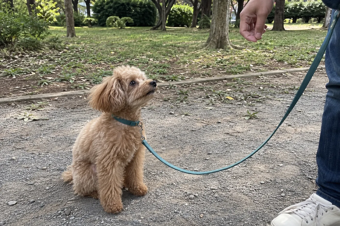 公園で飼い主の手元を見ながら落ち着いて座る犬