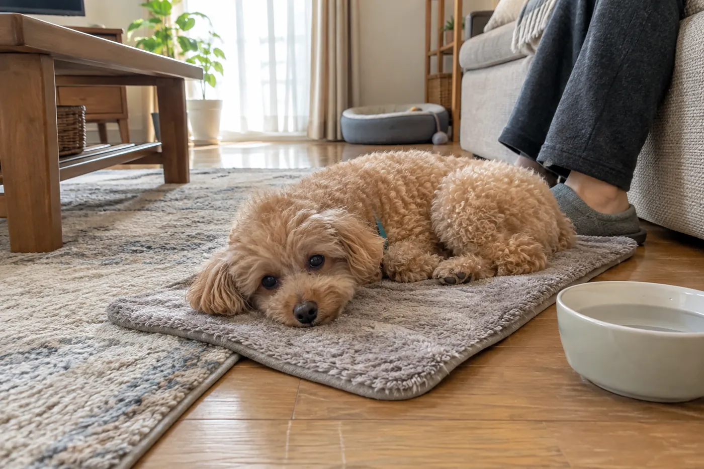 自宅のマットでゆったり休みながら飼い主のそばで過ごす犬