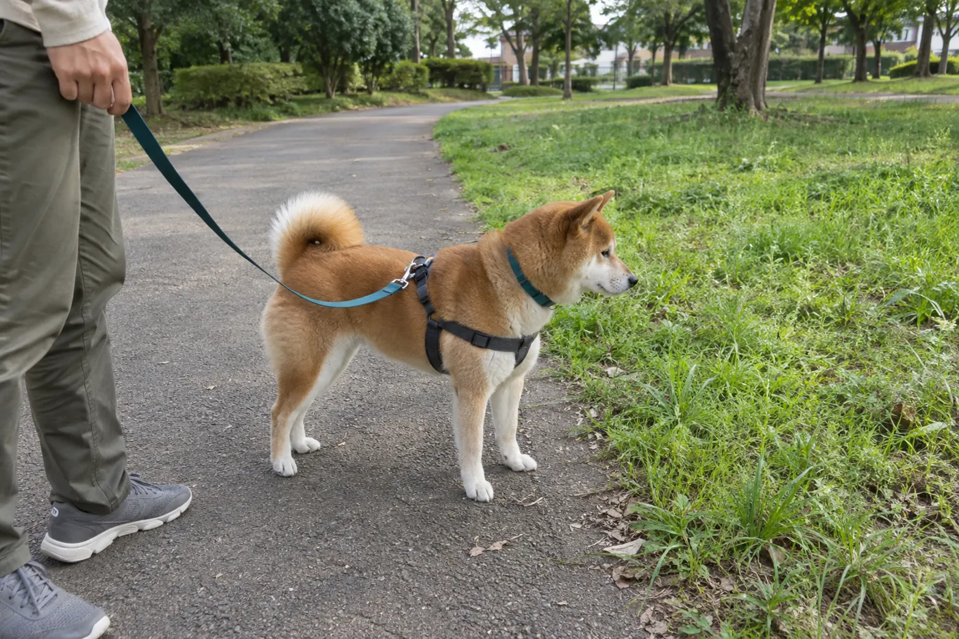 静かな公園の道で周囲を見ながら飼い主のそばに立つ柴犬