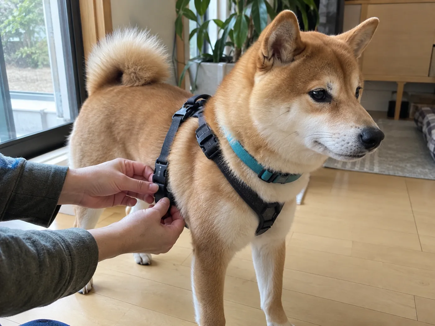 飼い主の手が柴犬のハーネスの装着状態を確かめる様子