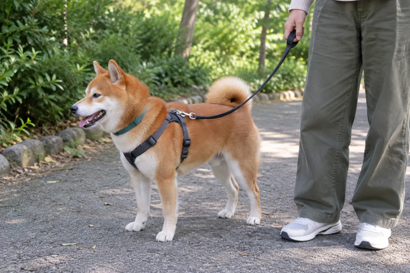 飼い主がリードを持ち、柴犬との間に自然なたるみがある様子