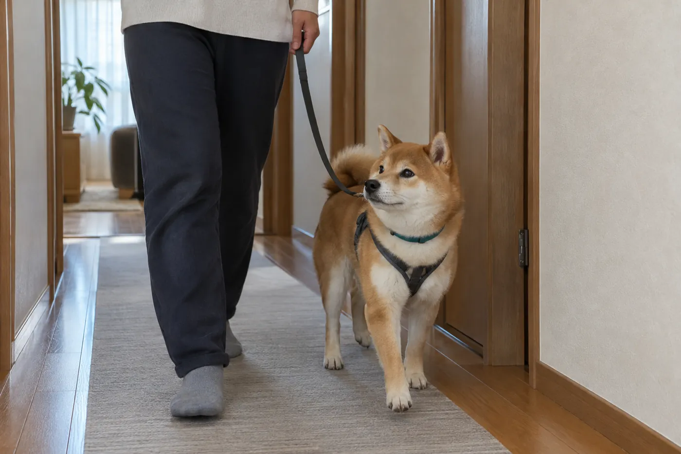 室内の静かな廊下で柴犬と飼い主が一緒に歩く練習をする様子