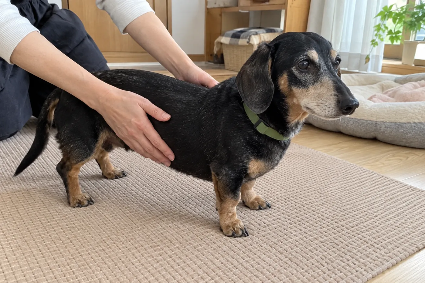滑りにくいマットの上で飼い主に体の様子を見てもらうミニチュア・ダックスフント