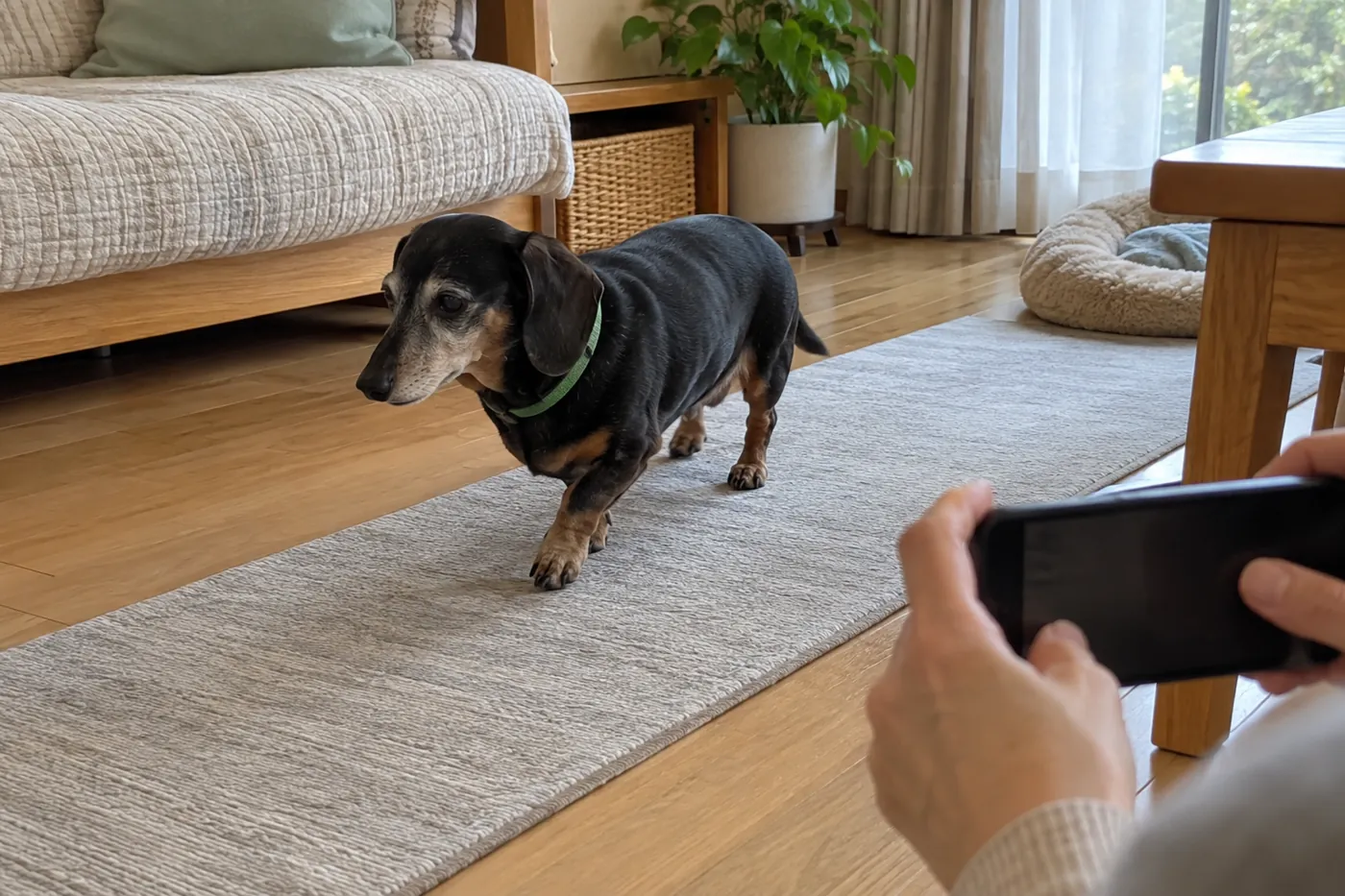 室内を自然に歩く犬を飼い主がスマートフォンで記録する様子