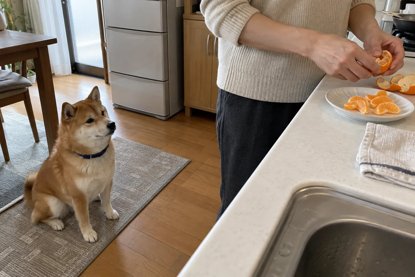 台所で温州みかんの準備をする飼い主の足元から離れて待つ犬