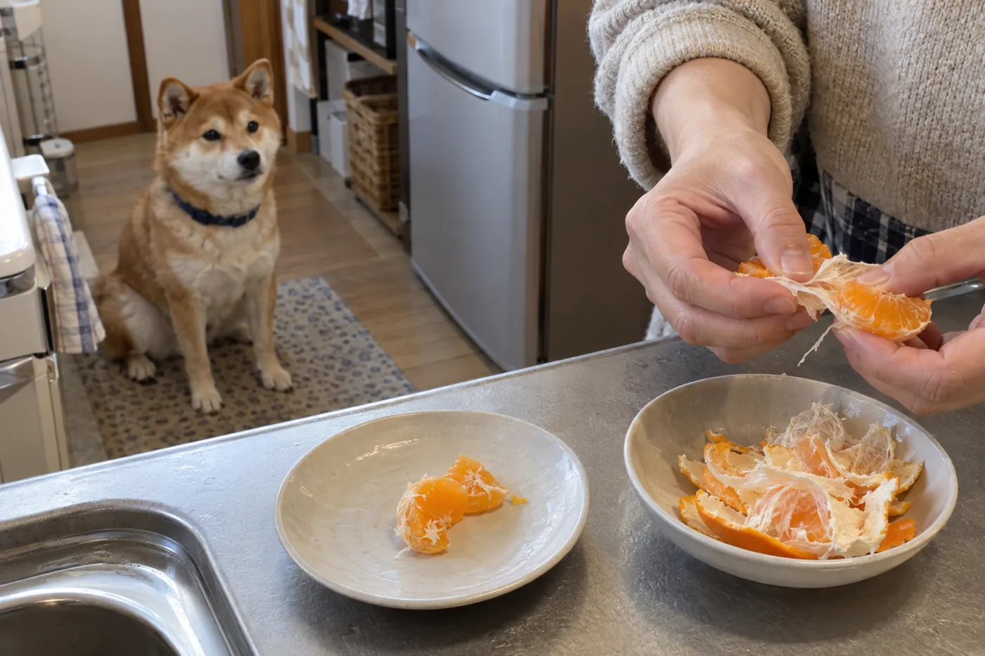 温州みかんの外皮と薄皮を果肉から分ける飼い主の手元と離れて待つ犬
