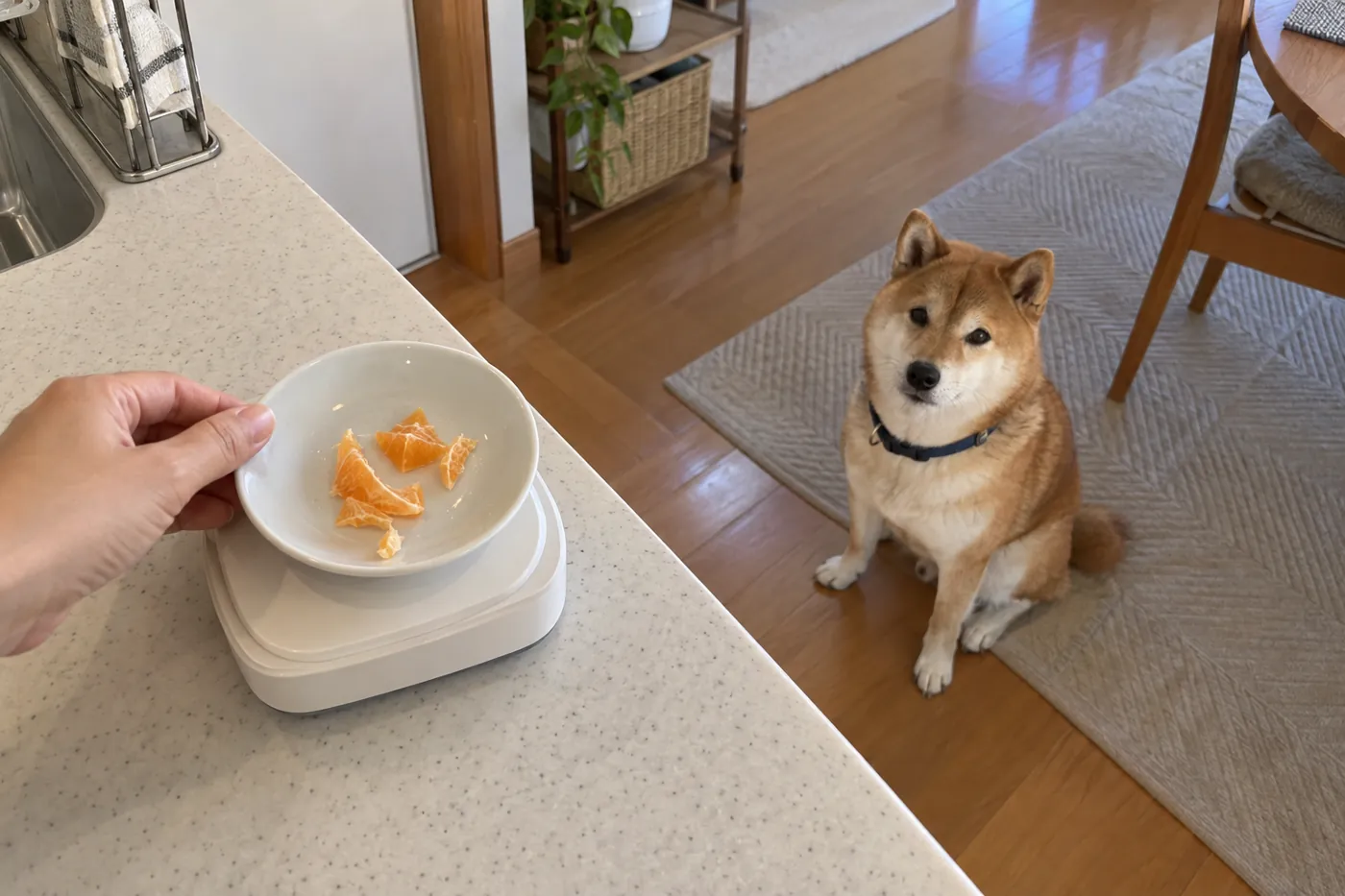 小皿に取り分けたみかんの果肉をキッチンスケールで量り犬が離れて座る様子