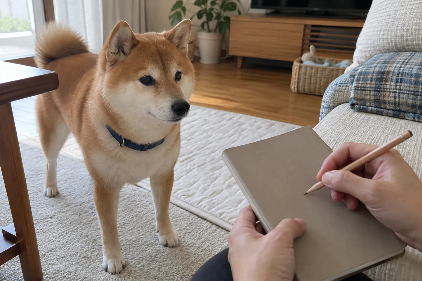 犬の様子を見ながら食事の記録を手元にまとめる飼い主