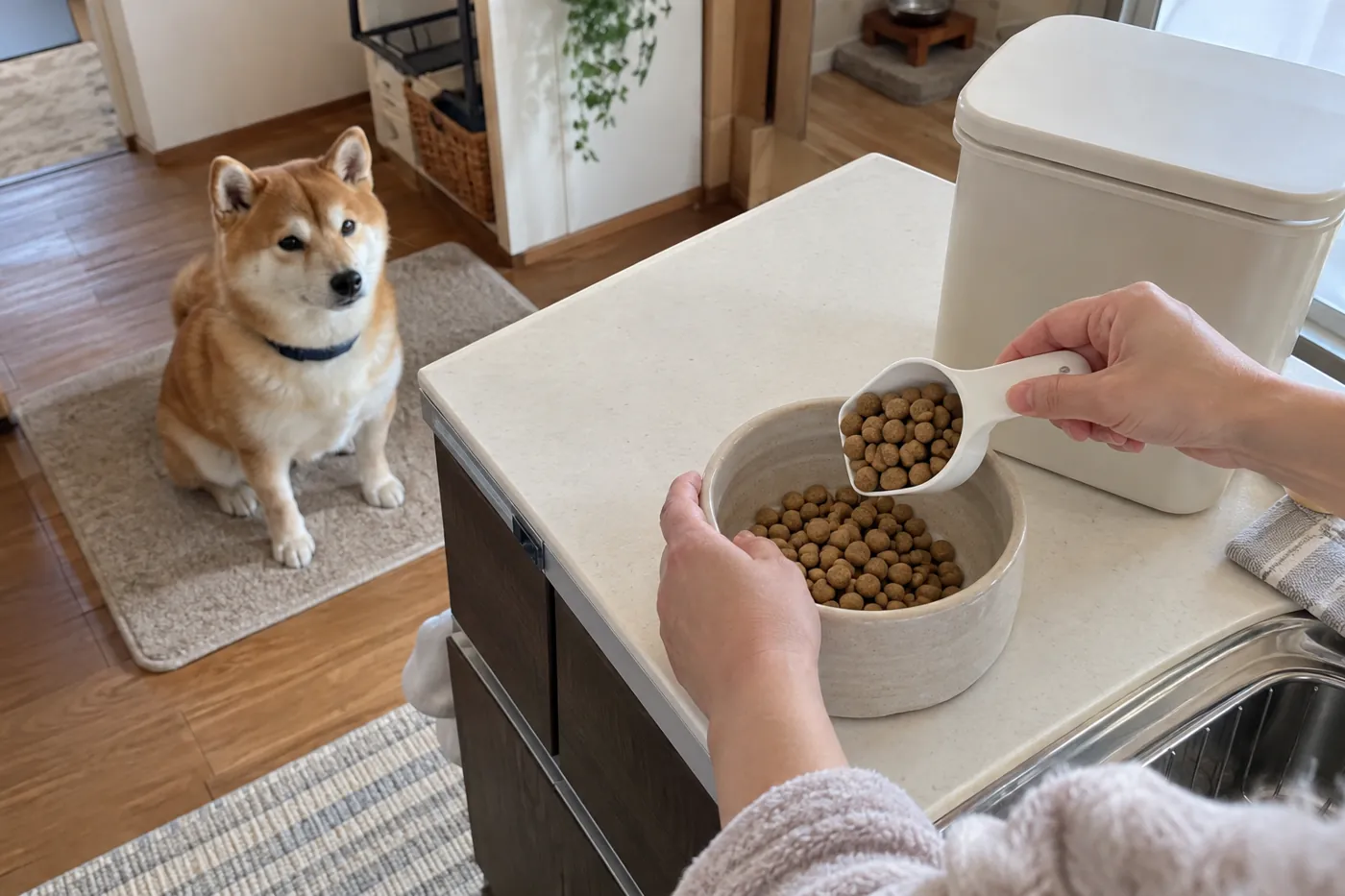 犬の主食を取り分ける飼い主の手元とマットで待つ犬