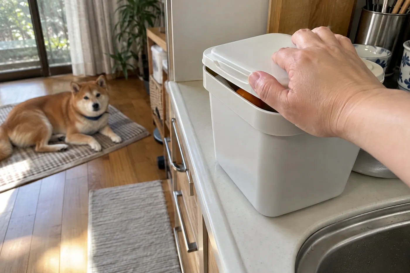 みかんの皮をふた付き容器に片付ける手元と離れたマットで休む犬