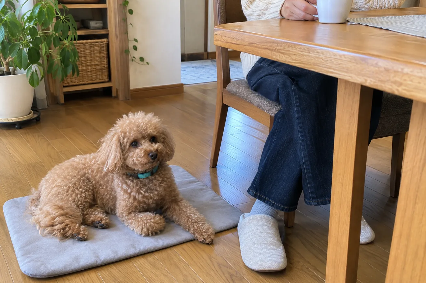椅子に座る飼い主のそばでマットに伏せる犬