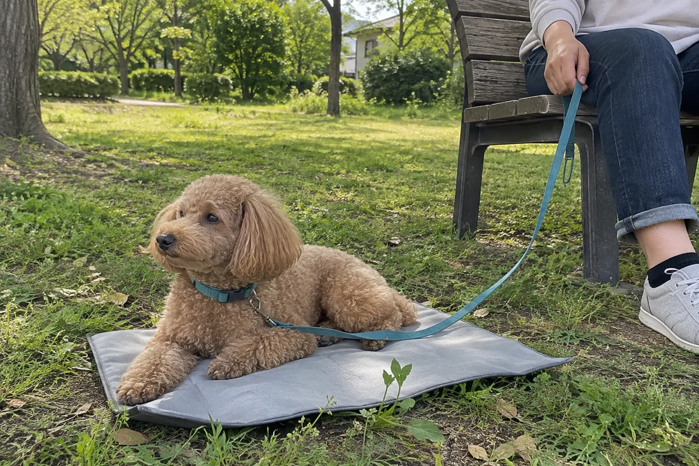 静かな公園のベンチ脇でマットに伏せるリード付きの犬