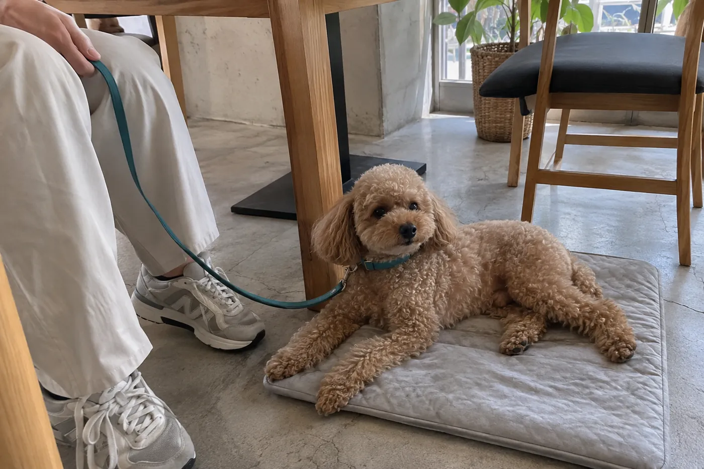 一般的なカフェ風の室内で飼い主の足元のマットに休む犬
