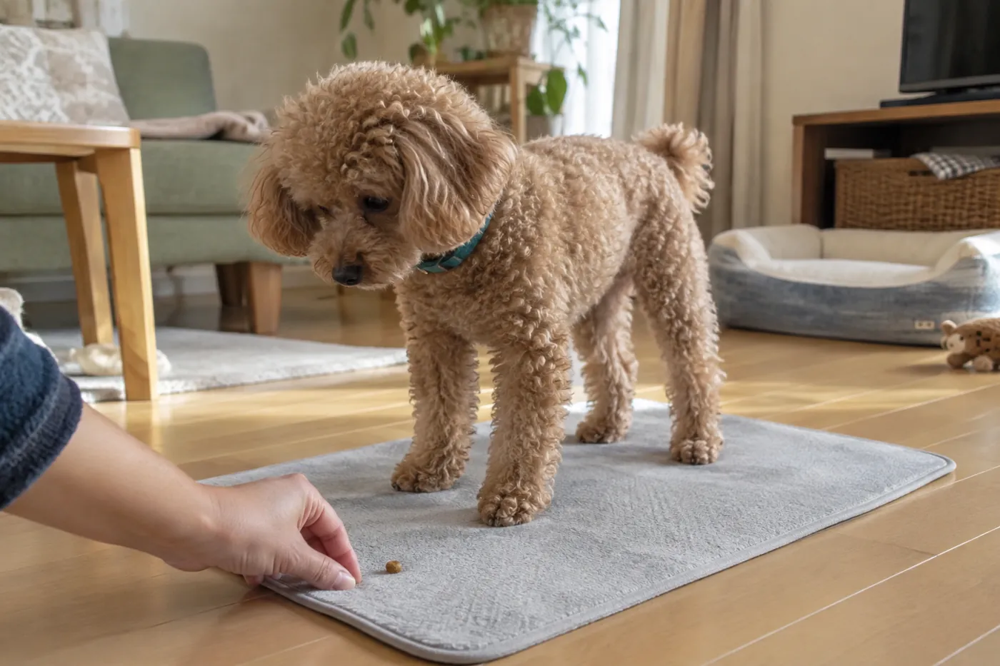 自宅の静かな場所で飼い主とマット練習をやり直す犬
