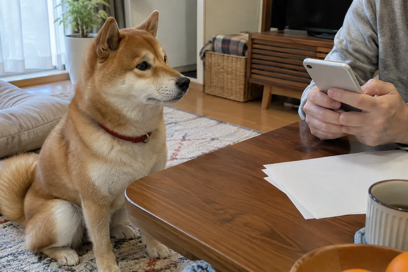 赤い首輪の柴犬のそばで飼い主がスマートフォンと書類を確認する手元
