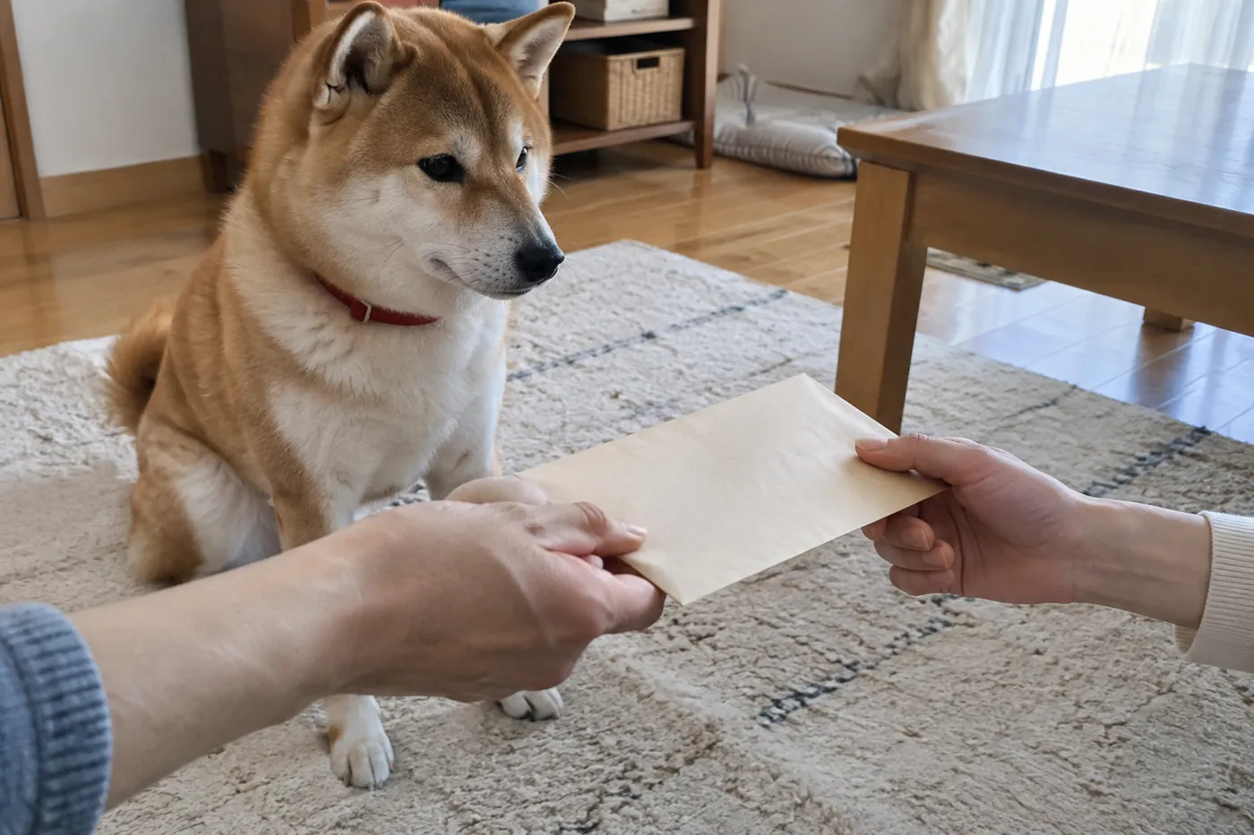 自宅のラグに座る柴犬と書類用の封筒を受け渡す飼い主の手元