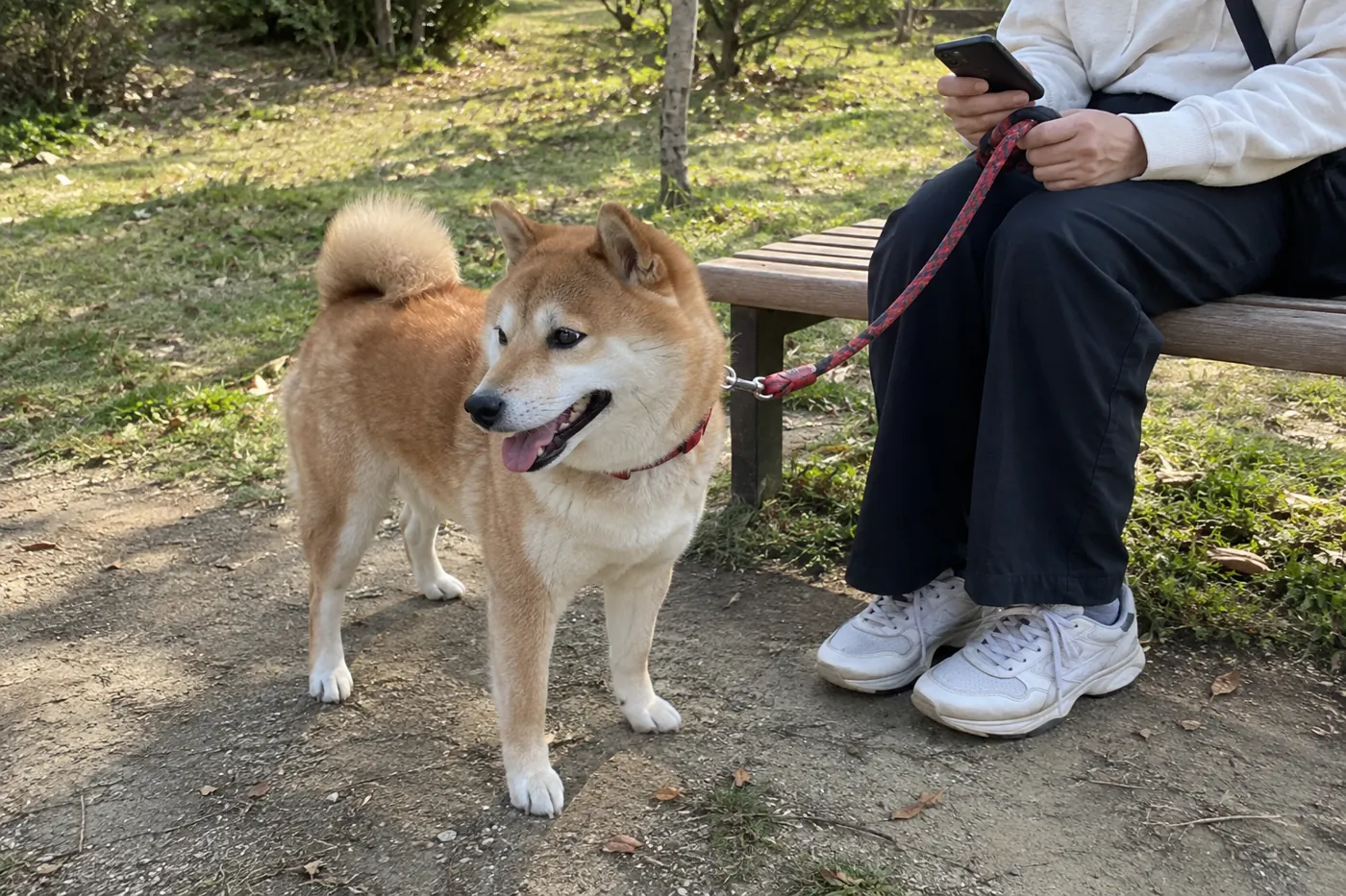 赤い首輪の柴犬の散歩中に公園のベンチでスマートフォンを確認する飼い主の手元