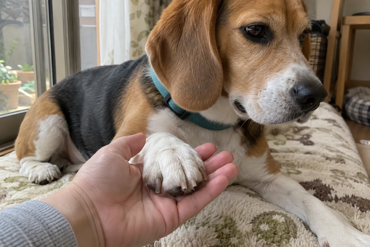飼い主が犬の前足を軽く支え、爪の先端を確かめている様子