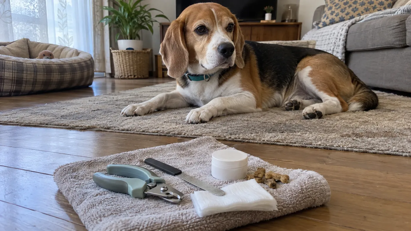 犬のそばに犬用爪切り、手動やすり、ガーゼを準備した様子